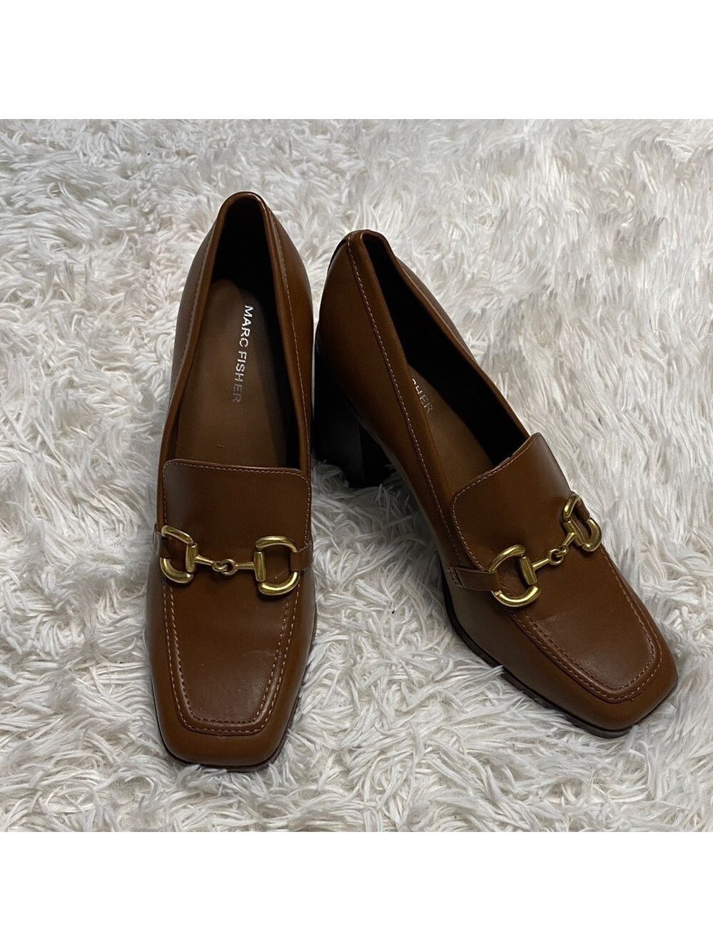 Marc Fisher block heel Tan Loafers with Gold Detail